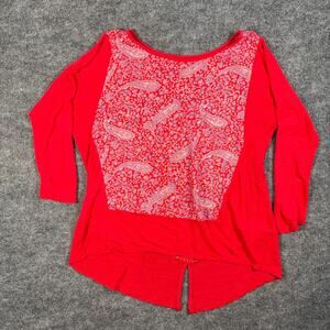 Lucky Brand Paisley Top Womens Medium Red 3/4 Sleeve Split Hem Blouse